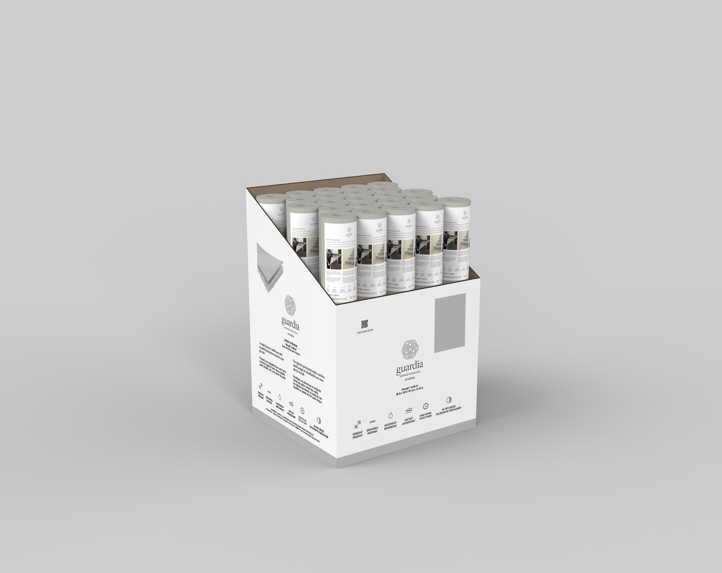 36 in x 50 ft Guardia Surface Protection Roll showing the top view of the box and rolls